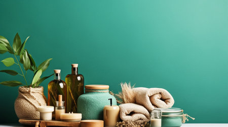 Eco-friendly and natural beauty idea banner, header with natural cosmetics, spa accessories set on a vivid green, turquoise backdrop. GENERATE AIの素材