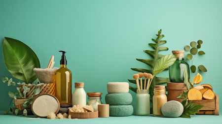 Eco-friendly and natural beauty idea banner, header with natural cosmetics, spa accessories set on a vivid green, turquoise backdrop. GENERATE AIの素材
