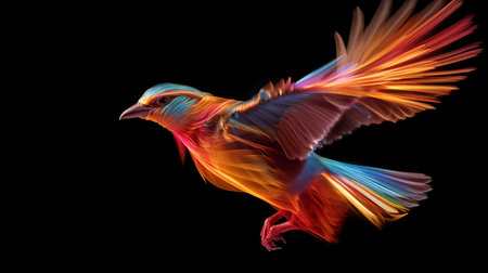 Place a bird in flight against a black backdrop in a square fiber optic frame in the manner of an innovative yet uncomplicated visual advertisement. GENERATE AIの素材