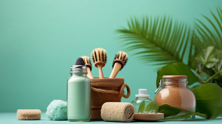 Eco-friendly and natural beauty idea banner, header with natural cosmetics, spa accessories set on a vivid green, turquoise backdrop. GENERATE AIの素材