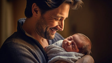 Photograph depicts a happy, emotionally pleased, and responsible father holding his newborn son. GENERATE AIの素材