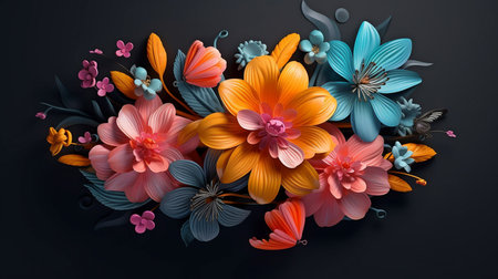 Summer blossoms in 3D vector form with a black backdrop, an epic composition, fluid 3D, and octane rendering. GENERATE AIの素材