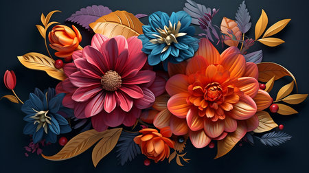 Summer blossoms in 3D vector form with a black backdrop, an epic composition, fluid 3D, and octane rendering. GENERATE AIの素材