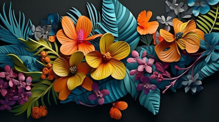 Summer blossoms in 3D vector form with a black backdrop, an epic composition, fluid 3D, and octane rendering. GENERATE AIの素材
