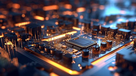 Abstract printed circuit board technology backdrop. Bokeh and the depth of field effect. The data is processed by a printed circuit board in the server. a representation in three dimensions. GENERATE AIの素材