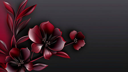 3D vector with isolated black backdrop, wine-red and black flowers, metallic shine to borders, and epic composition. GENERATE AIの素材