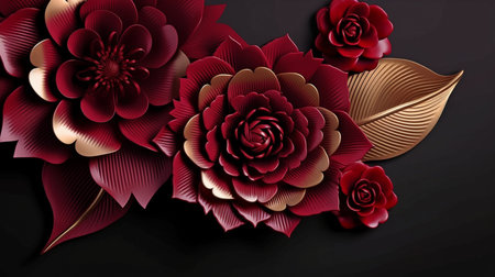 3D vector with isolated black backdrop, wine-red and black flowers, metallic shine to borders, and epic composition. GENERATE AIの素材