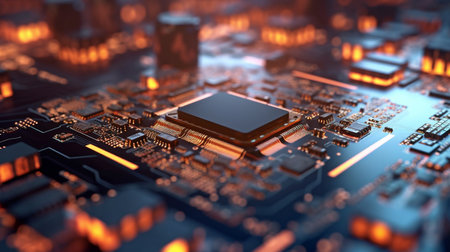 Abstract printed circuit board technology backdrop. Bokeh and the depth of field effect. The data is processed by a printed circuit board in the server. a representation in three dimensions. GENERATE AIの素材