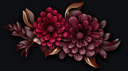 3D vector with isolated black backdrop, wine-red and black flowers, metallic shine to borders, and epic composition. GENERATE AIの素材