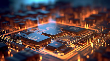 Abstract printed circuit board technology backdrop. Bokeh and the depth of field effect. The data is processed by a printed circuit board in the server. a representation in three dimensions. GENERATE AIの素材