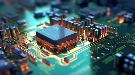 Abstract printed circuit board technology backdrop. Bokeh and the depth of field effect. The data is processed by a printed circuit board in the server. a representation in three dimensions. GENERATE AIの素材