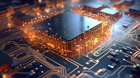 Abstract printed circuit board technology backdrop. Bokeh and the depth of field effect. The data is processed by a printed circuit board in the server. a representation in three dimensions. GENERATE AIの素材