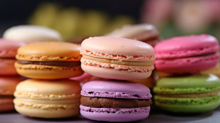 a shot of mouthwateringly bright macarons against a background of concrete. GENERATE AIの素材