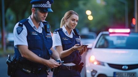 Police personnel of both sexes who are on duty inspect suspicious vehicles.   GENERATE AIの素材