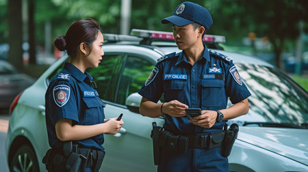 Police personnel of both sexes who are on duty inspect suspicious vehicles.   GENERATE AIの素材