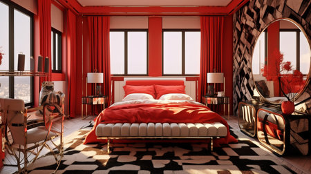 a double bed, red and white color scheme, a noir mood, and mbole art are all present in this bedroom. GENERATE AIの素材