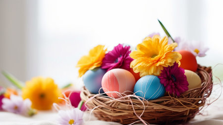 Brightly colored eggs are contained in a basket with cheerful flowers, ribbons in springtime colors, and eggs. an ivory backdrop.  GENERATE AIの素材