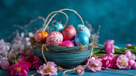 Brightly colored eggs are contained in a basket with cheerful flowers, ribbons in springtime colors, and eggs. an ivory backdrop.  GENERATE AIの素材