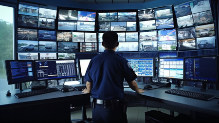 security officers examining a video of a security system examination.  GENERATE AIの素材