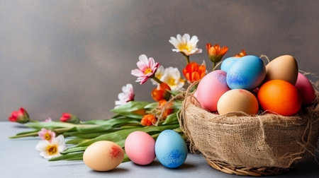 Brightly colored eggs are contained in a basket with cheerful flowers, ribbons in springtime colors, and eggs. an ivory backdrop.  GENERATE AIの素材