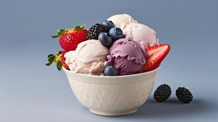 Cone of ice cream with mixed fruit topping.  GENERATE AIの素材
