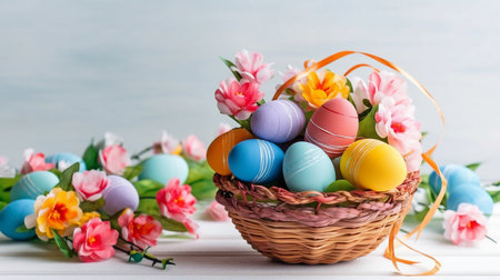 Brightly colored eggs are contained in a basket with cheerful flowers, ribbons in springtime colors, and eggs. an ivory backdrop.  GENERATE AIの素材