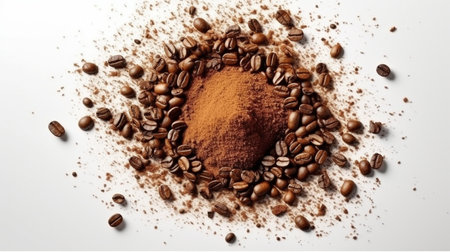 Circle coffee bean broken into powder in top view on white backdrop. GENERATE AIの素材