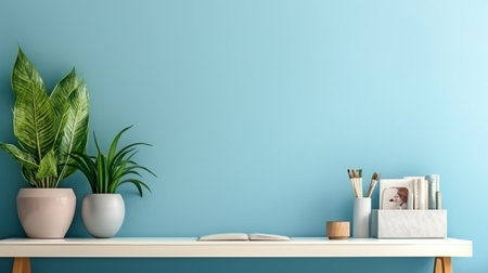 Model of a home office desk with a blue wall and a white table. GENERATE AIの素材