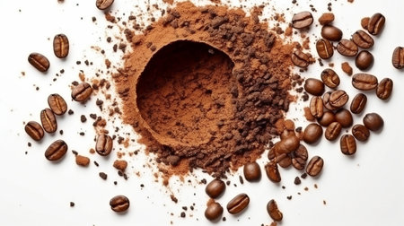 Circle coffee bean broken into powder in top view on white backdrop. GENERATE AIの素材