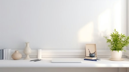 Office table, bare desk with supplies, and blank copy area on a white wall.  GENERATE AIの素材