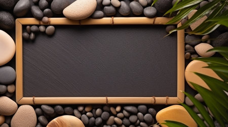 Stones, branches, and a wooden pad are used as decorations. Background for goods like jewelry, food, or cosmetics. Mockup.  GENERATE AIの素材