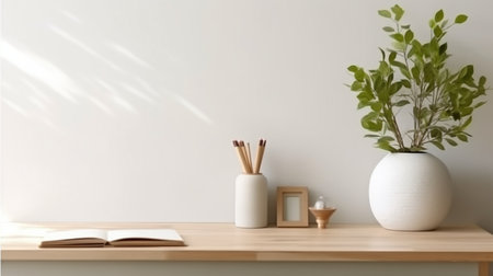Office table, bare desk with supplies, and blank copy area on a white wall.  GENERATE AIの素材