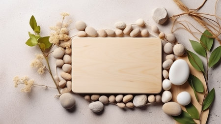 Stones, branches, and a wooden pad are used as decorations. Background for goods like jewelry, food, or cosmetics. Mockup.  GENERATE AIの素材