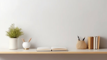 Office table, bare desk with supplies, and blank copy area on a white wall.  GENERATE AIの素材