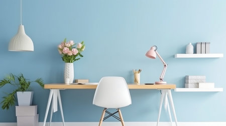 Model of a home office desk with a blue wall and a white table. GENERATE AIの素材