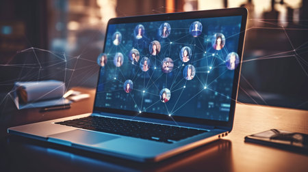 a desktop computer with a social network hologram. two exposures. idea of cross-border human ties. GENERATE AIの素材