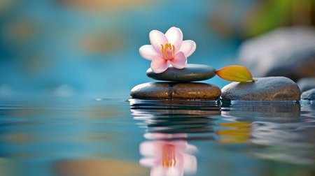Background of harmony and relaxation with a flower and stones in water. GENERATE AIの素材
