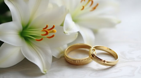 A white backdrop with a pair of wedding rings on it and lovely white lilies in the distance. Concept of love and commitment. GENERATE AIの素材