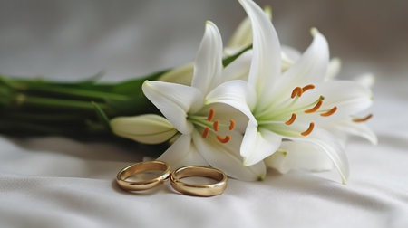 A white backdrop with a pair of wedding rings on it and lovely white lilies in the distance. Concept of love and commitment. GENERATE AIの素材