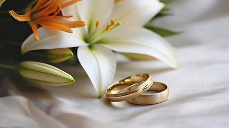 A white backdrop with a pair of wedding rings on it and lovely white lilies in the distance. Concept of love and commitment. GENERATE AIの素材
