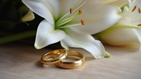 A white backdrop with a pair of wedding rings on it and lovely white lilies in the distance. Concept of love and commitment. GENERATE AIの素材