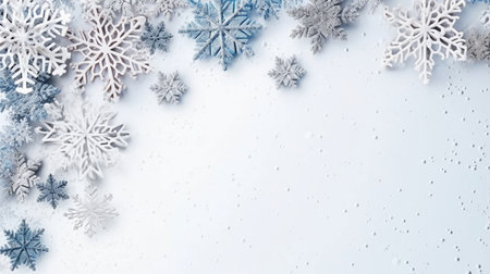 Christmas tree branches, stars, and deer in the snow, with a blue background. view from the top. Lay flat. Xmas break. Mockup, template, and happy new year card. GENERATE AIの素材