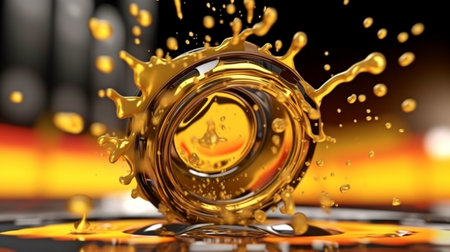 Background automobile service, golden liquid spilling from canister, and motor oil splash. GENERATE AIの素材