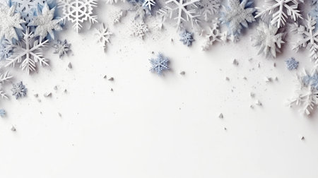 Christmas tree branches, stars, and deer in the snow, with a blue background. view from the top. Lay flat. Xmas break. Mockup, template, and happy new year card. GENERATE AIの素材