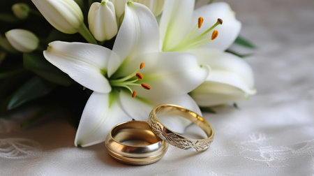 A white backdrop with a pair of wedding rings on it and lovely white lilies in the distance. Concept of love and commitment. GENERATE AIの素材