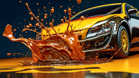 Background automobile service, golden liquid spilling from canister, and motor oil splash. GENERATE AIの素材