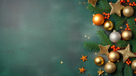 Concept for a Christmas tree decoration. Top view image of hoarfrost-covered pine branches, mistletoe berries, red, gold, and green decorations on an uncluttered green backdrop. GENERATE AIの素材