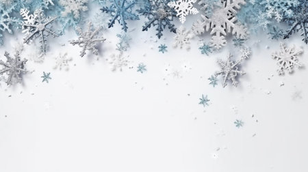 Christmas tree branches, stars, and deer in the snow, with a blue background. view from the top. Lay flat. Xmas break. Mockup, template, and happy new year card. GENERATE AIの素材