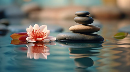 Background of harmony and relaxation with a flower and stones in water. GENERATE AIの素材