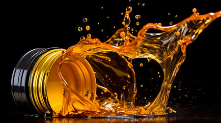 Background automobile service, golden liquid spilling from canister, and motor oil splash. GENERATE AIの素材